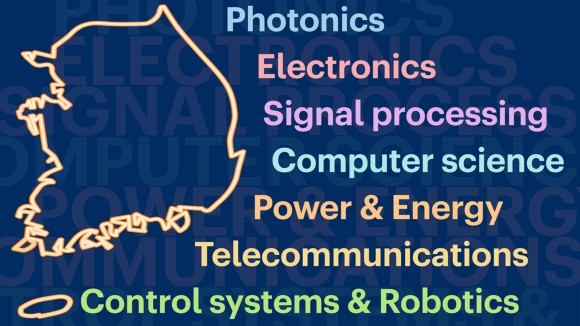 the map of South Korea next to a list in words of electrical engineering areas: Photonics, Electronics, Signal Processing, Computer science, Power & Energy, Telecommunications, Control systems & Robotics