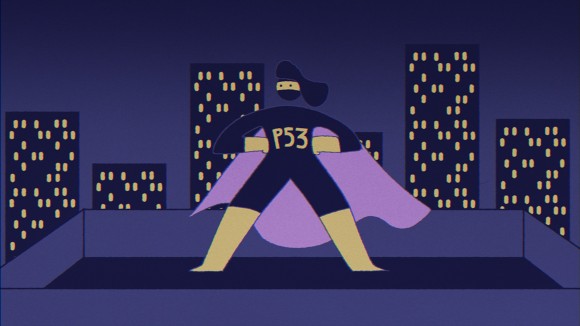 Illustration of superhero wearing cape showing p53