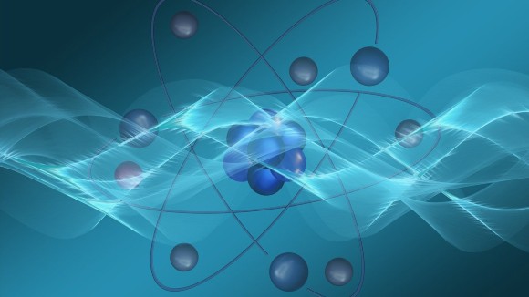 Electrons circling an atomic nucleus.