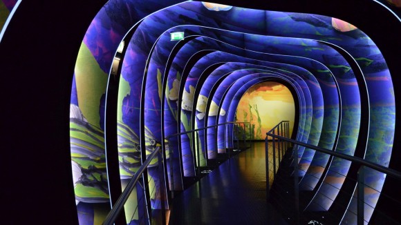 Postmodern design of a museum exhibit in a dark corridor
