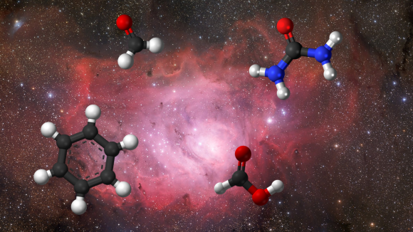 Organic molecules float in front of a nebula