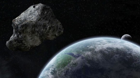 Asteroid approaches Earth and Moon from space.