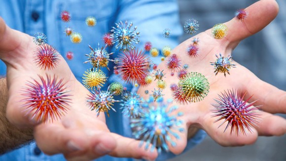 Close up on a sick man hand transmitting virus by skin contact 3D rendering
