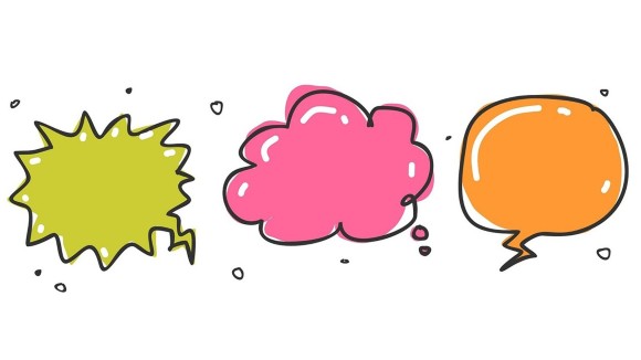 Illustration of three speech bubbles in different shapes - spiky, cloud-like, and traditional round bubble