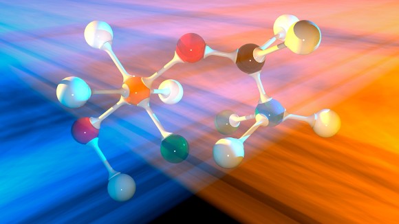 molecular structure in orange and blue light rays