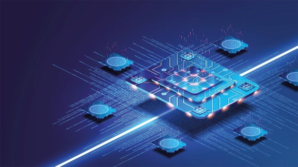 Futuristic microchip processor with lights on blue background
