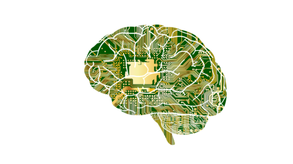 Illustrated cross-section of a human brain, with the inside of the brain resembling a computer chip.