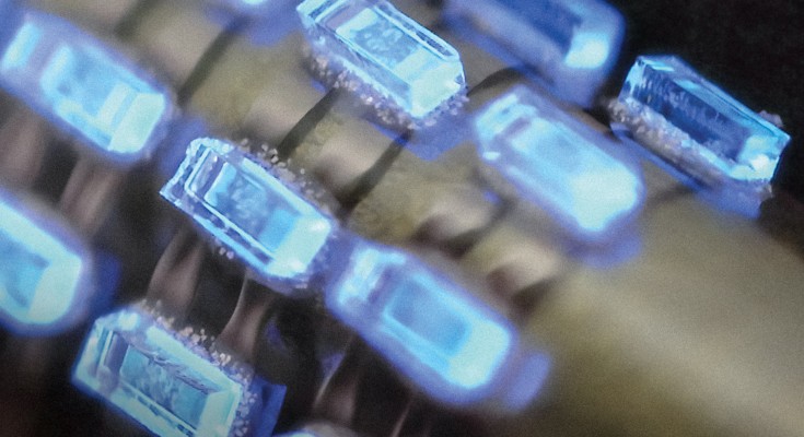 Array of blue micro-light-emitting diodes.
