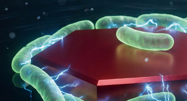 hexagonal particle surrounded by bacteria and electricity
