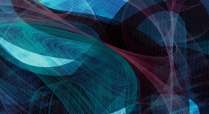 Abstract artwork of flowing turquoise, blue and magenta curved lines and layered translucent shapes, creating a sense of motion against a dark background.