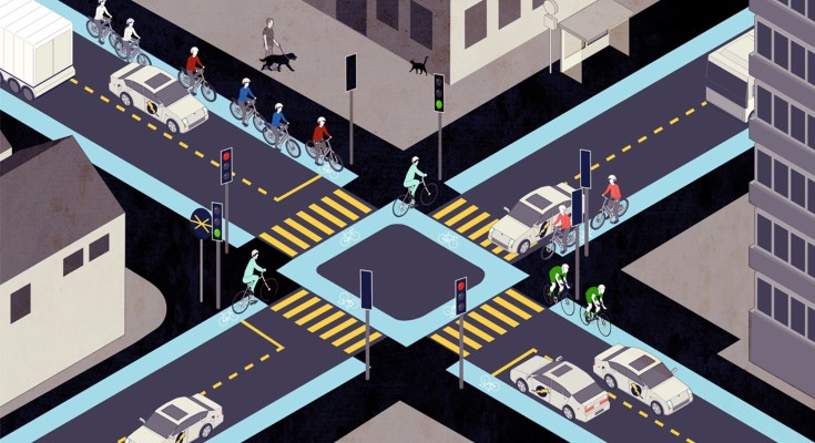 Illustration of a city intersection redesigned for cycling, with protected blue bike lanes, multiple cyclists crossing at signals, cars waiting, marked crossings, pedestrians, and buildings.