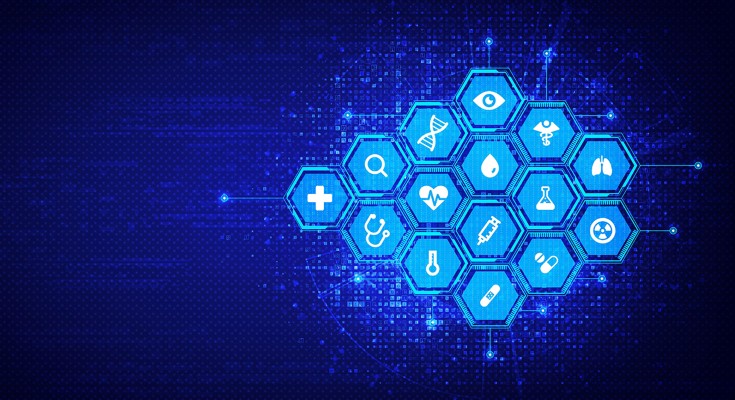 Assorted medical icons on a technological background of blue hexagons