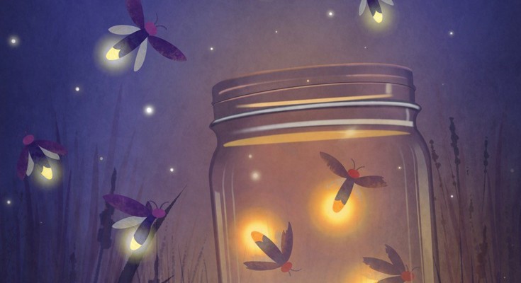 Flies glowing softly against the night sky, with a stronger glow within an open glass jar