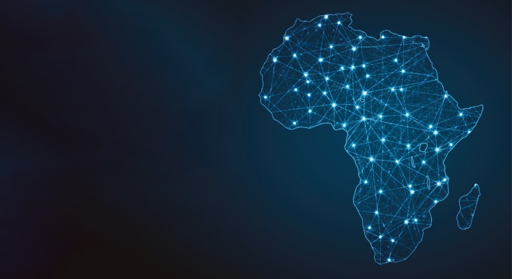 A schematic map of the African continent, with connected bright spots spread across the region