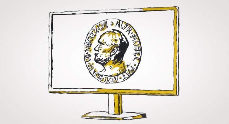 A computer monitor displaying the Nobel Prize medal, in sketch mode.