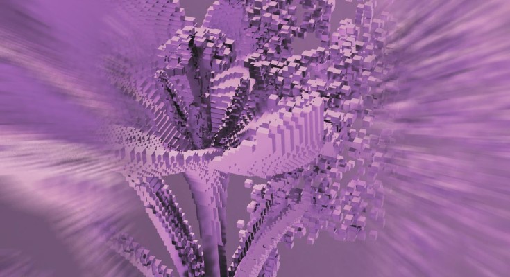 Digital flower disintegrating into 3D pixels.