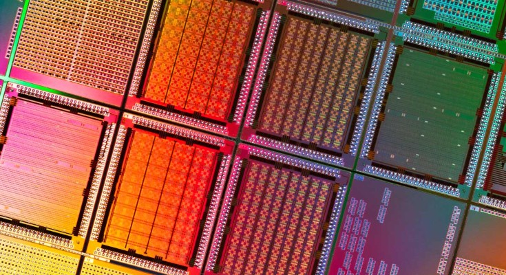 A multicolored computer silicon wafer close-up shot.