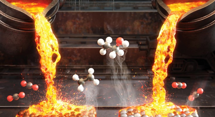 Hot liquid metals pouring onto molecular substrates.