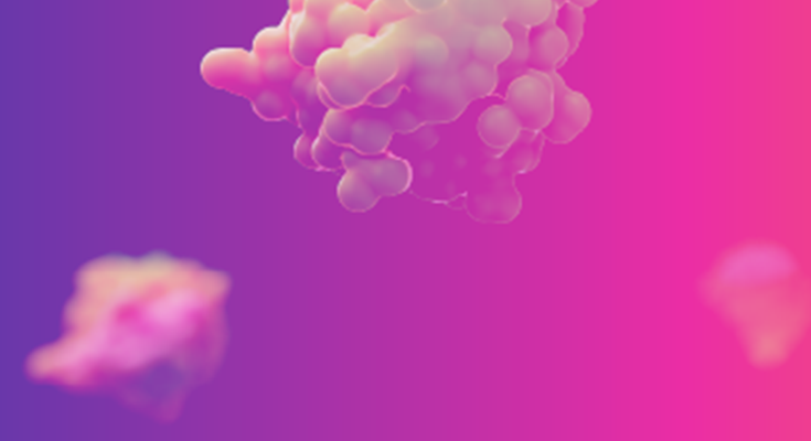 Computer generated image of proteins on a vividly coloured background