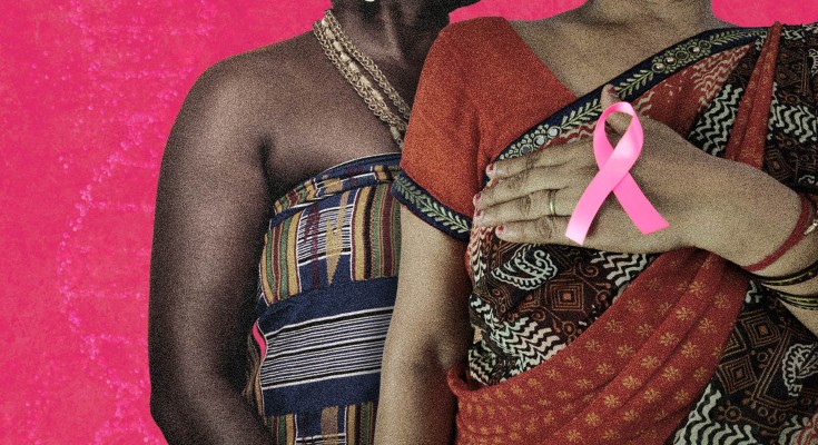 Two women's torsos and a superimposed pink ribbon.