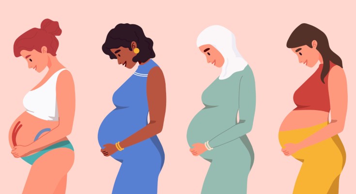 Four pregnant women from different ethnic backgrounds embracing their bellies.