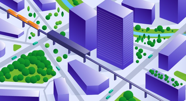 Abstract purple and green view of a city