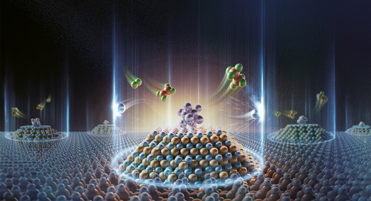 The cover image shows an illustrative render of these nanoreactors, with the platinum clusters confined to isolated nanoisland nests.