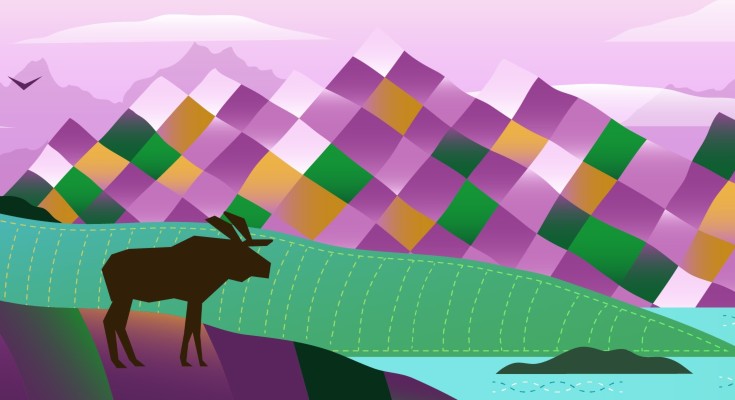 Abstract image depicting a landscape with mountains in a checkered pattern, a lake, a forest, and animals in their natural habitat.