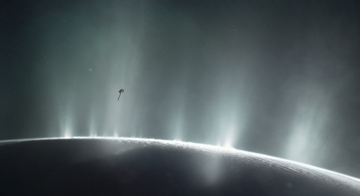 Artist's impression of NASA's Cassini spacecraft diving through the plume of Saturn's moon Enceladus, in 2015.