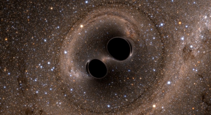 A computer simulated image of black holes merging