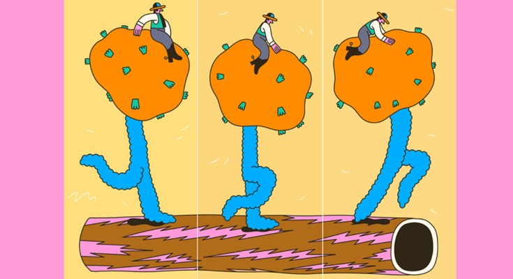 An illustration of a person on top of a walking protein