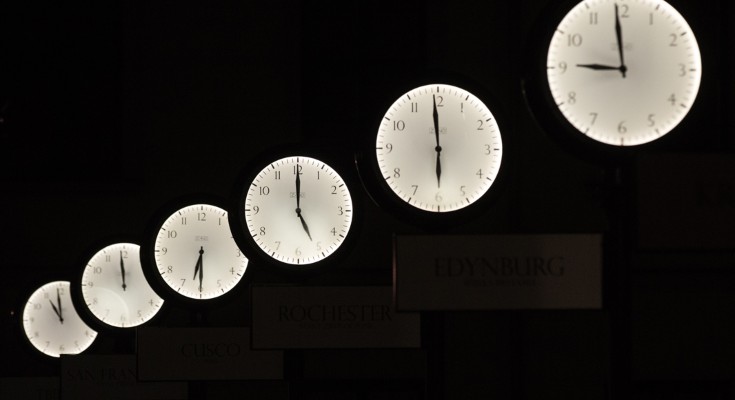 A photograph of several clocks, all showing different times