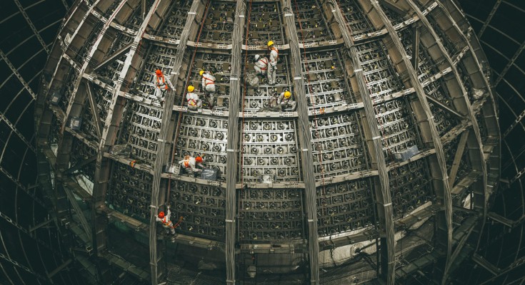 Workers at the construction site of China's next-generation neutrino detector, Jiangmen Underground Neutrino Observatory