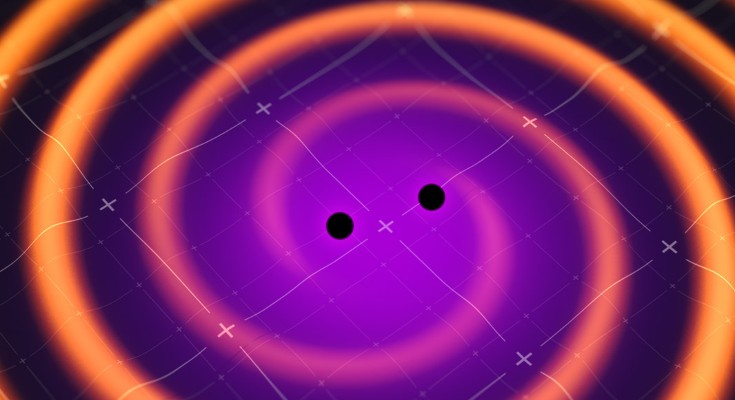 A simplified colour illustration of two black holes orbit around each other and generating gravitational waves