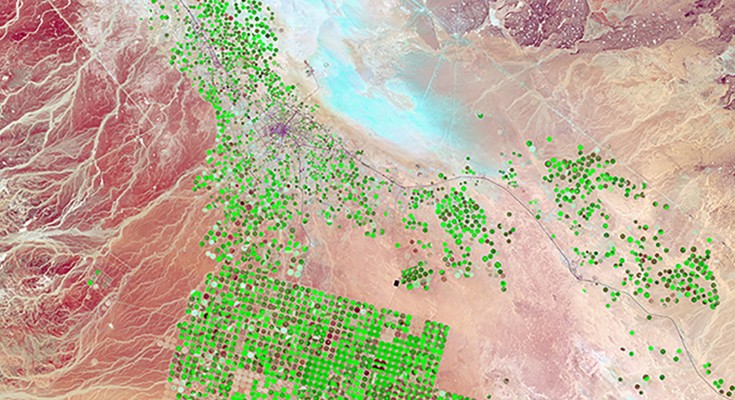 Satellite view of centre-pivot irrigation systems, shown as green circles in the desert in Saudi Arabia