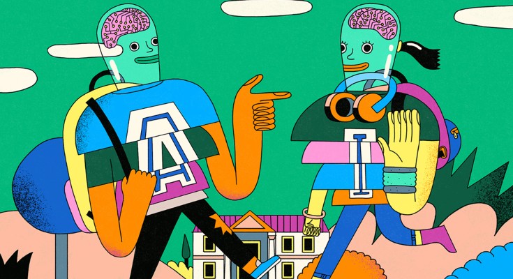 Cartoon showing two university students with transparent heads with computerised brains inside and the letters "A" and "I" written on their clothes