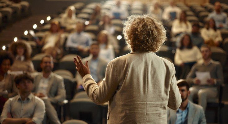 A person, their back to the camera, speaks to a room full of people sat on chairs
