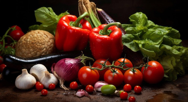 A photograph of fresh vegetables, including leafy greens, red peppers, tomatoes, garlic, and more