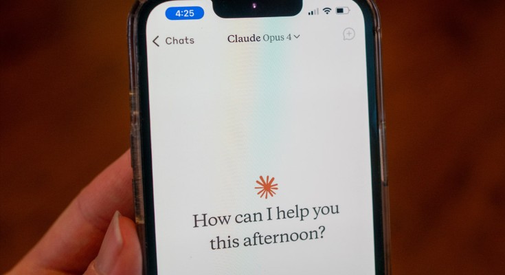 Close-up of a person's hand holding a smartphone and interacting with the Claude chatbot app