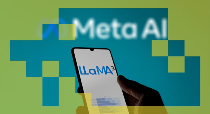 A hand holding a phone with the logo for Llama 3, in front of a background with the MetaAI logo