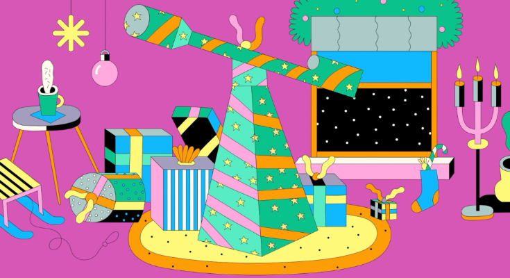 An illustration of colourful gift boxes wrapped up. One shape resembles a microscope