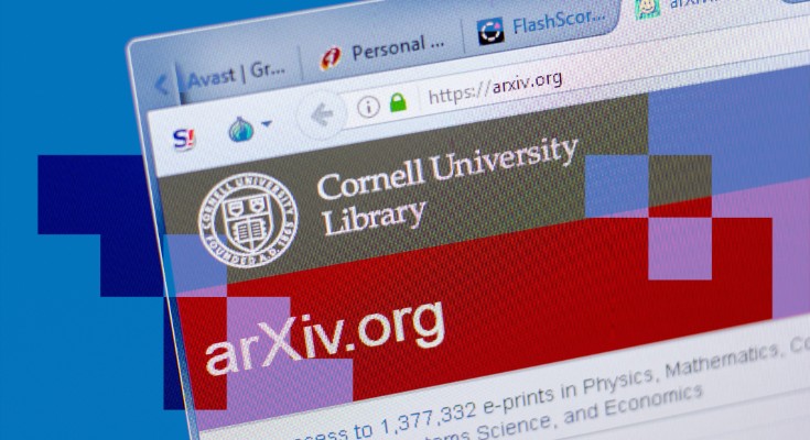 Close-up of a computer screen showing the arXiv website with a blocky blue overlay