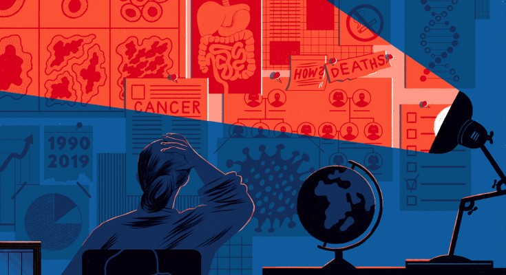 An illustration of a person scratching their head while looking up at a wall. The wall is covered in papers, graphs, newspaper clippings, and images of cells, fast food, and body diagrams