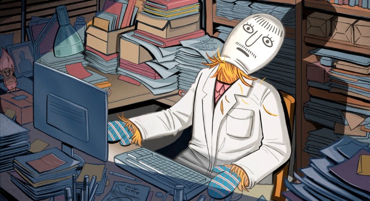 Conceptual illustration showing a fake effigy of a scientist sitting behind a desk