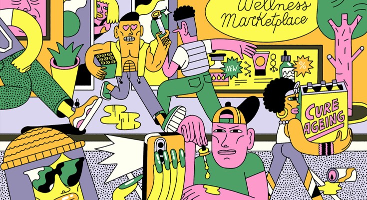 Cartoon showing people bustlling through a colourful 'Wellness marketplace' buying vials, droppers and pills