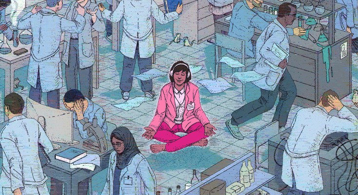 Conceptual illustration showing a researcher meditating in a busy and stressful lab.