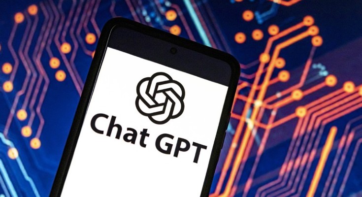 ChatGPT and OpenAI research laboratory logo and inscription on a smartphone screen with a circuitboard pattern in the background