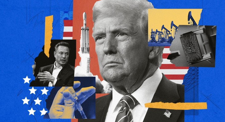 A photo-collage showing Donald Trump and related science themes