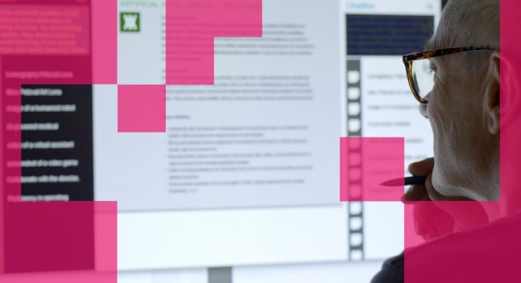 A mature man holding a pen looks at a large computer screen displaying text from an AI chatbot