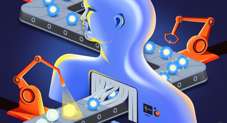 An illustration of cells on a conveyor belt that go through a human body, and come out with more energy